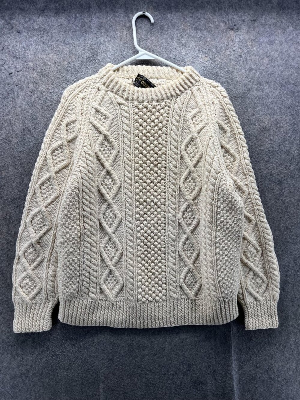 Cornel Sweater Mens Large Cream Tan Wool Cable Knit Crewneck Handknit Ireland